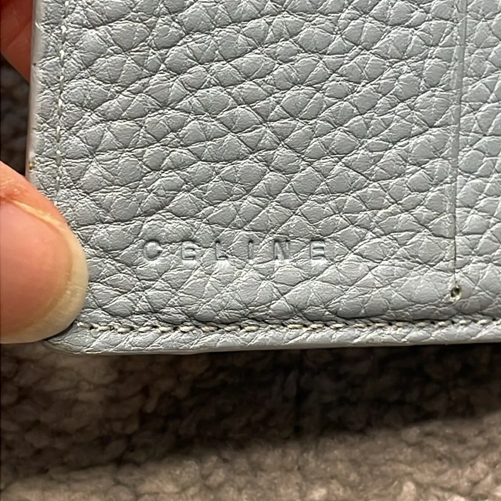 Celine Studded Pebbled Leather Compact Wallet Powder Blue Extra Card Holders